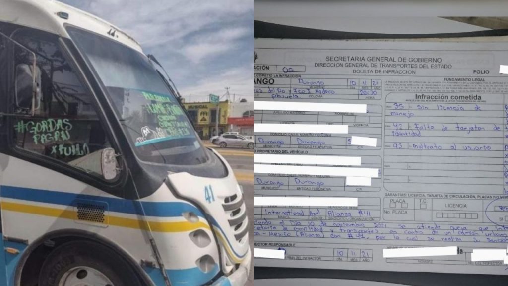 "Gordas pagan por kilo": multan a chofer por poner mensajes ofensivos en autobús de Durango