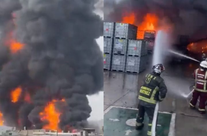 Bomberos luchan contra feroz incendio en una fábrica de químicos de San Vicente Chicoloapan, Edomex